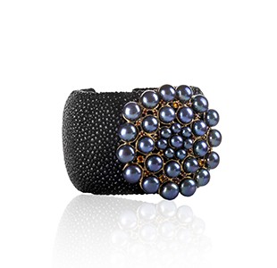 BREATHE cuff style bangle - side view, black stingray leather & yellow gold, black pearl & red garnet & orange sapphire