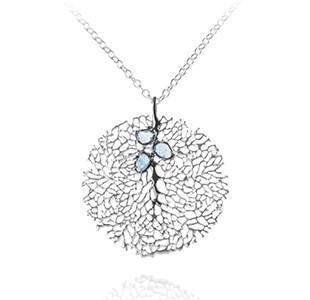 FAN OF THE SEA pendant, silver & black, aquamarine