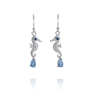 OCEAN TREASURE earrings, silver, blue sapphire & blue topaz