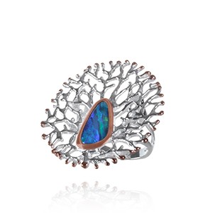 FAN OF THE SEA large statement ring, silver & rose, opal
