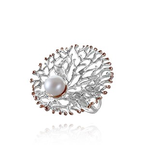 FAN OF THE SEA medium ring, silver & rose, pearl
