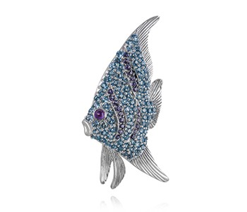 Angel fish, blue topaz, amethyst, white gold with black gold claws holding the purple stones_without brooch