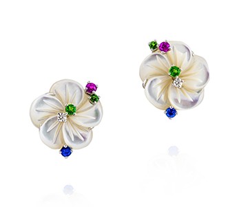 Frangipani, studs, green tsavorite garnet, pink and blue sapphire, mother of pearl