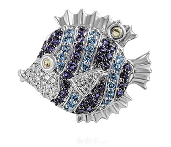 Puffer Fish, diamon, iolite, blue topaz, peridot, white gold with black gold claws holding the purple stones