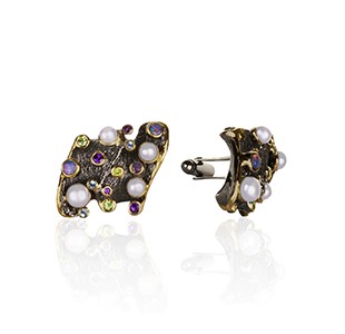 SPIRIT OF THE SEA front view, cufflinks, black & yellow, amethyst, blue topaz, peridot, white pearl, opal