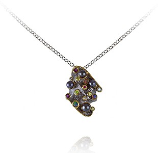 SPIRIT OF THE SEA pendant, chain, black & yellow, amethyst, blue topaz, peridot, black pearl