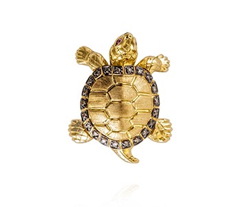 Turtle, large, brown diamond, ruby, yellow and black gold