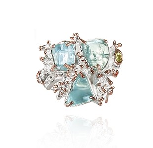 JEWEL OF THE SEA front view, ring, silver & rose, peridot, orange sapphire, tumbled aquamarine