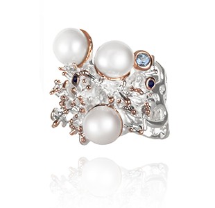 JEWEL OF THE SEA right view, ring, silver & rose, blue sapphire, blue topaz, white pearl